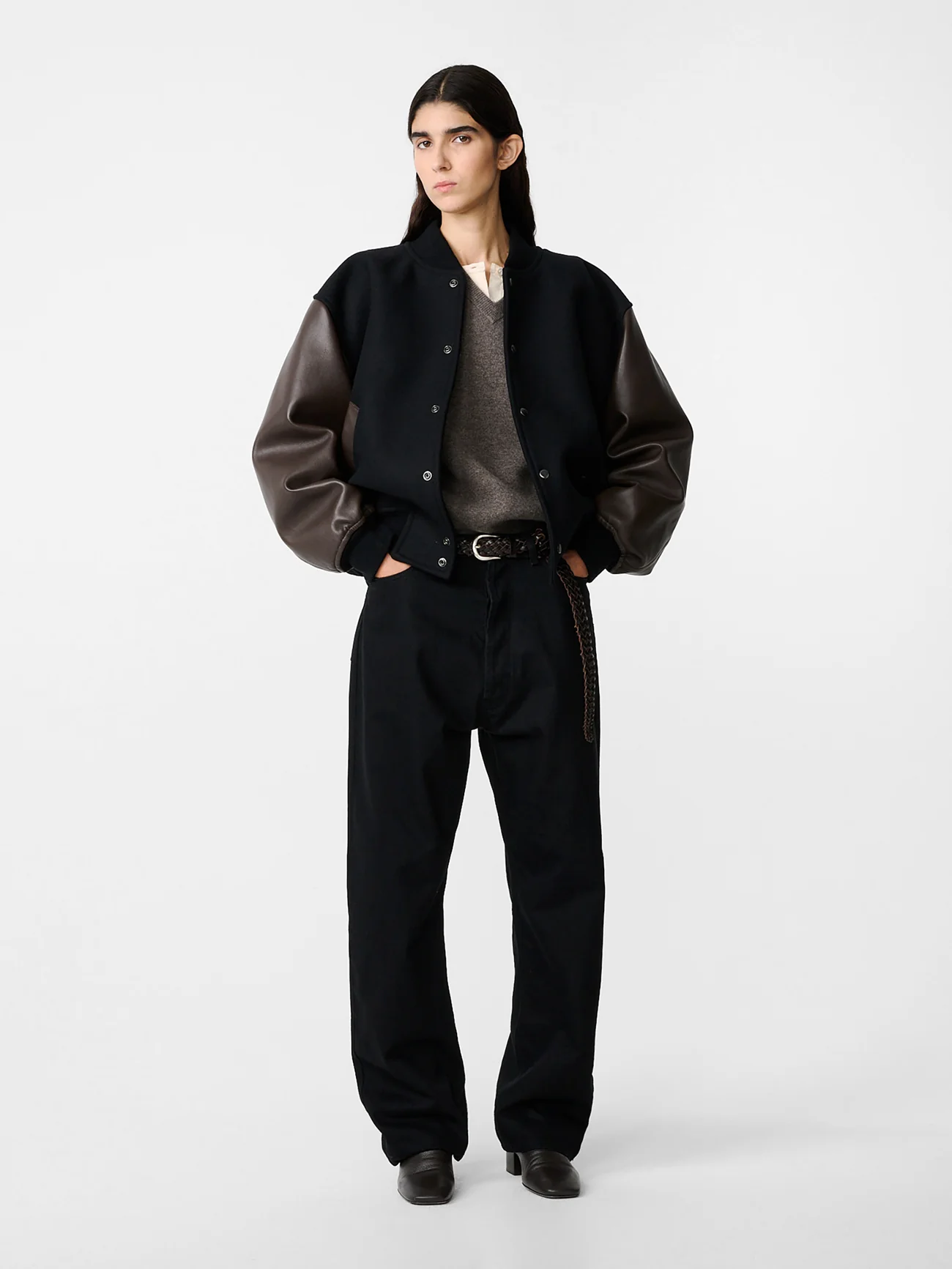 Alph Leather Bomber Jacket in Black / Cocoa - Image 4