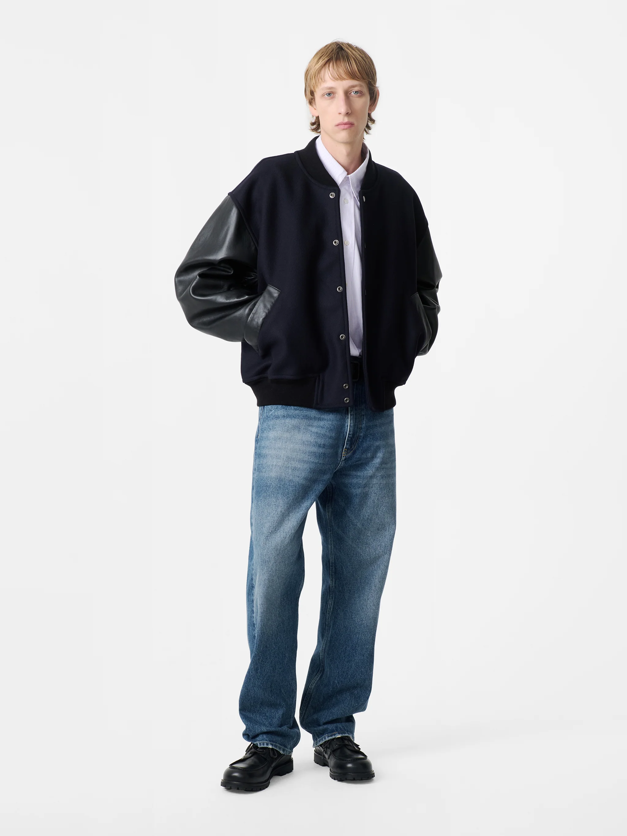 Alph Leather Bomber Jacket in Darkest Navy - Image 3
